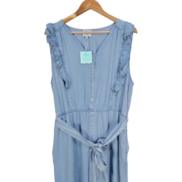 NWT Hayden Blue Tencel Buttoned Ruffle Tank Frayed Wide Leg Belted Jumpsuit - Picture 8 of 15